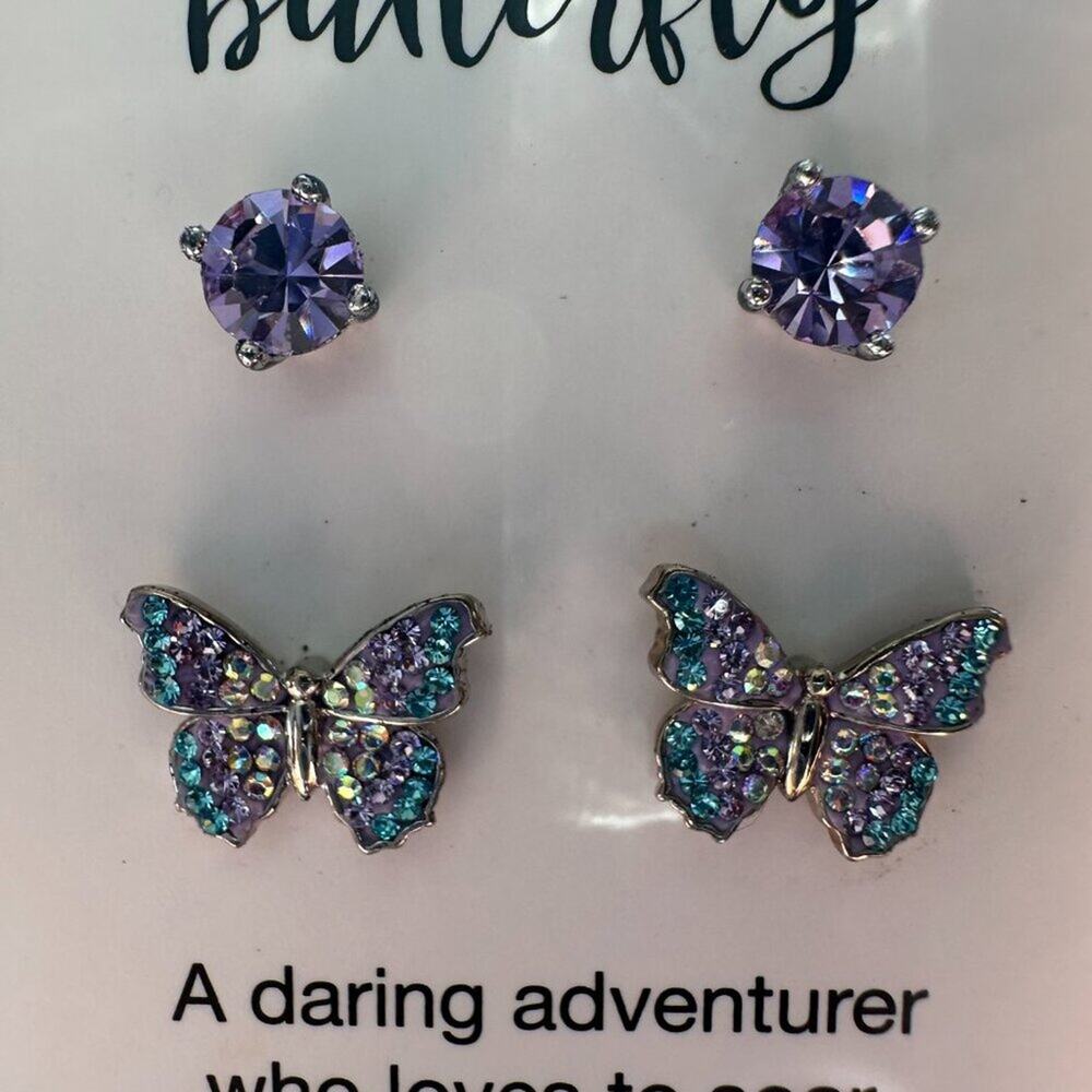Sterling Silver Crystal Sparkle Purple Blue Butterfly and Stud Earring Set - NEW